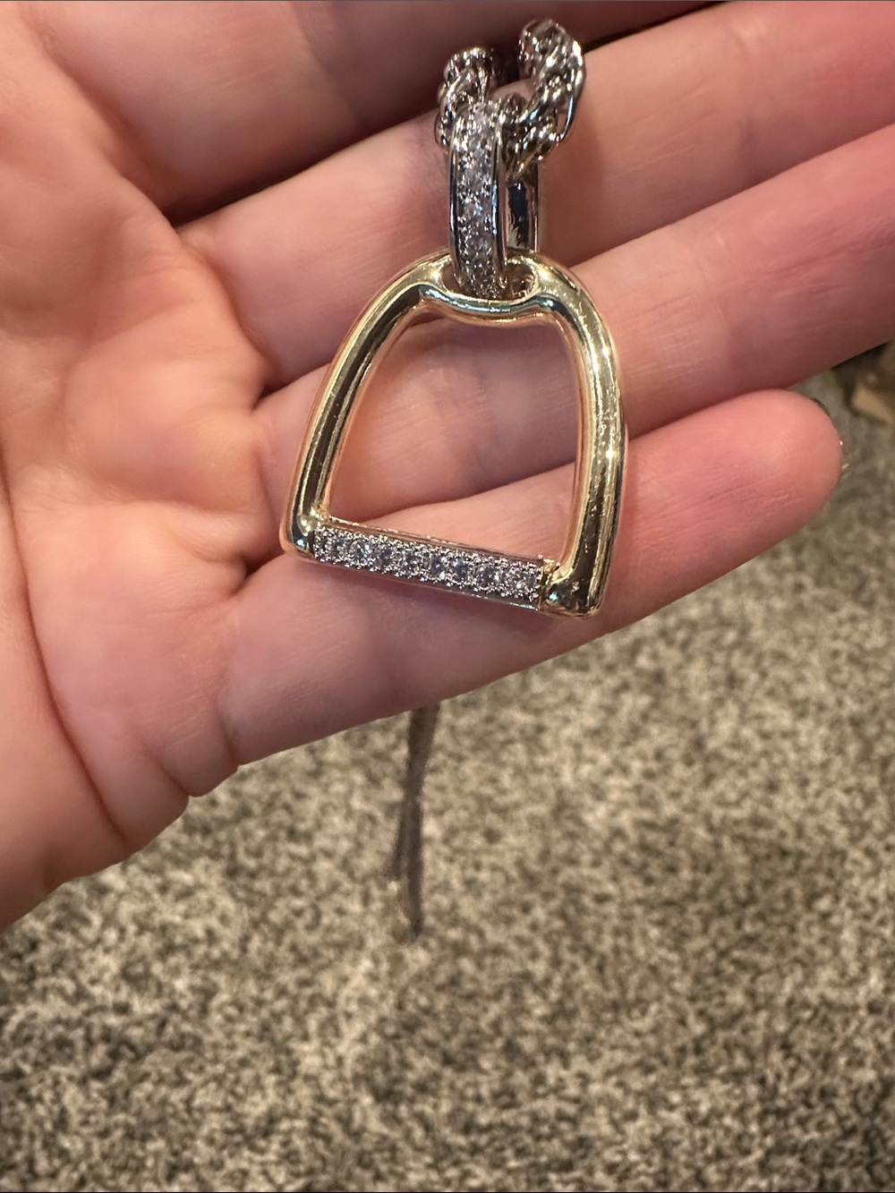 NWOT- Duo-Tone Gold Stirrup Pendant Necklace on Silver Chain - Picture 2 of 2